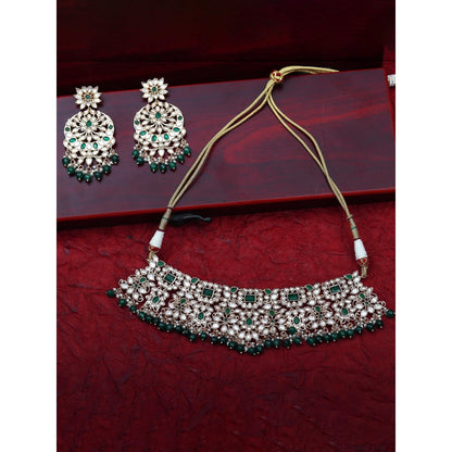 Akulya Jewels Gold Finished Kundan Polki Choker with Emerald Green Stones (Set of 3)