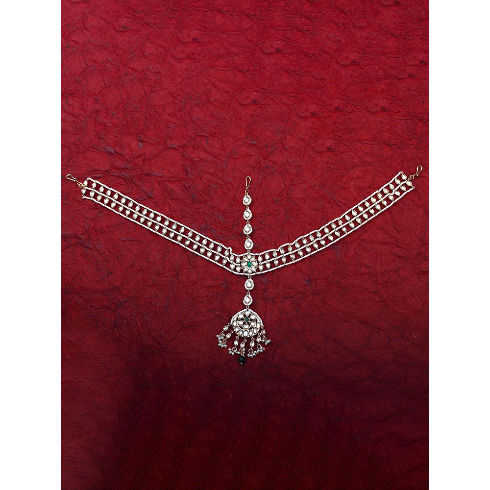 Akulya Jewels Gold Finished Kundan Polki Choker with Emerald Green Stones (Set of 3)