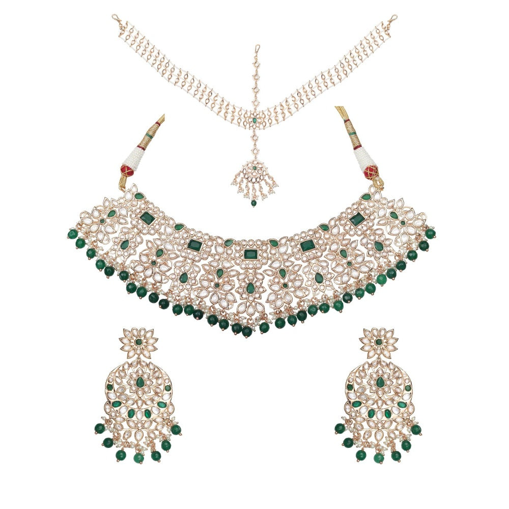 Akulya Jewels Gold Finished Kundan Polki Choker with Emerald Green Stones (Set of 3)