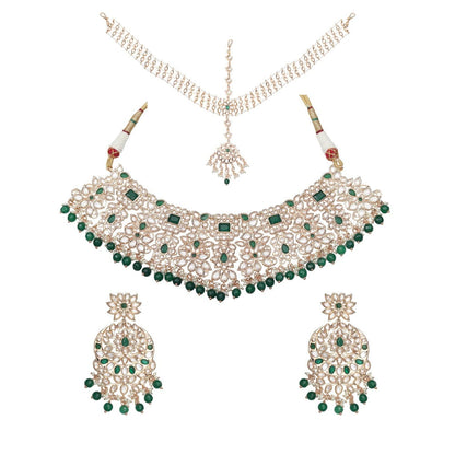 Akulya Jewels Gold Finished Kundan Polki Choker with Emerald Green Stones (Set of 3)
