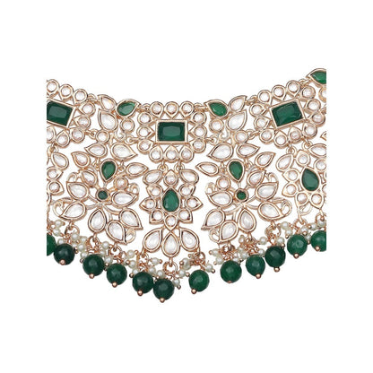 Akulya Jewels Gold Finished Kundan Polki Choker with Emerald Green Stones (Set of 3)