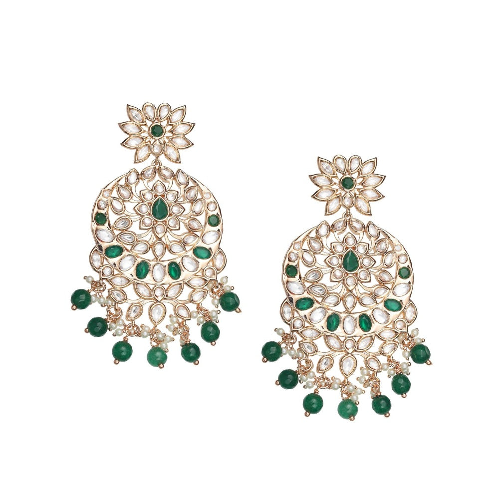 Akulya Jewels Gold Finished Kundan Polki Choker with Emerald Green Stones (Set of 3)