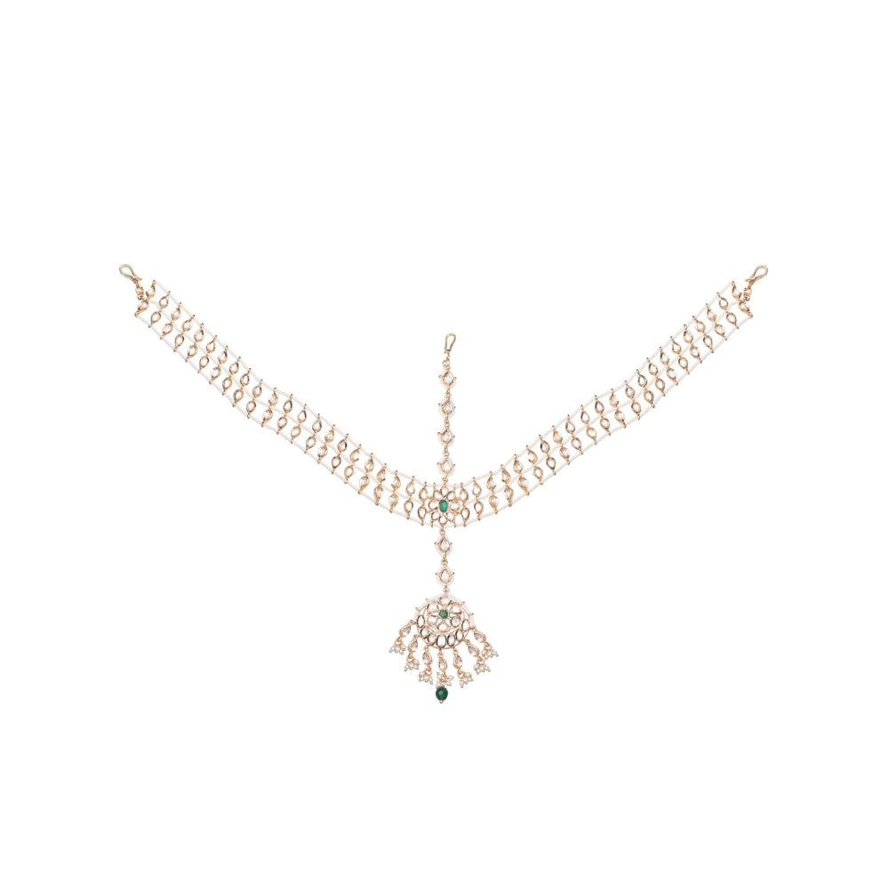 Akulya Jewels Gold Finished Kundan Polki Choker with Emerald Green Stones (Set of 3)