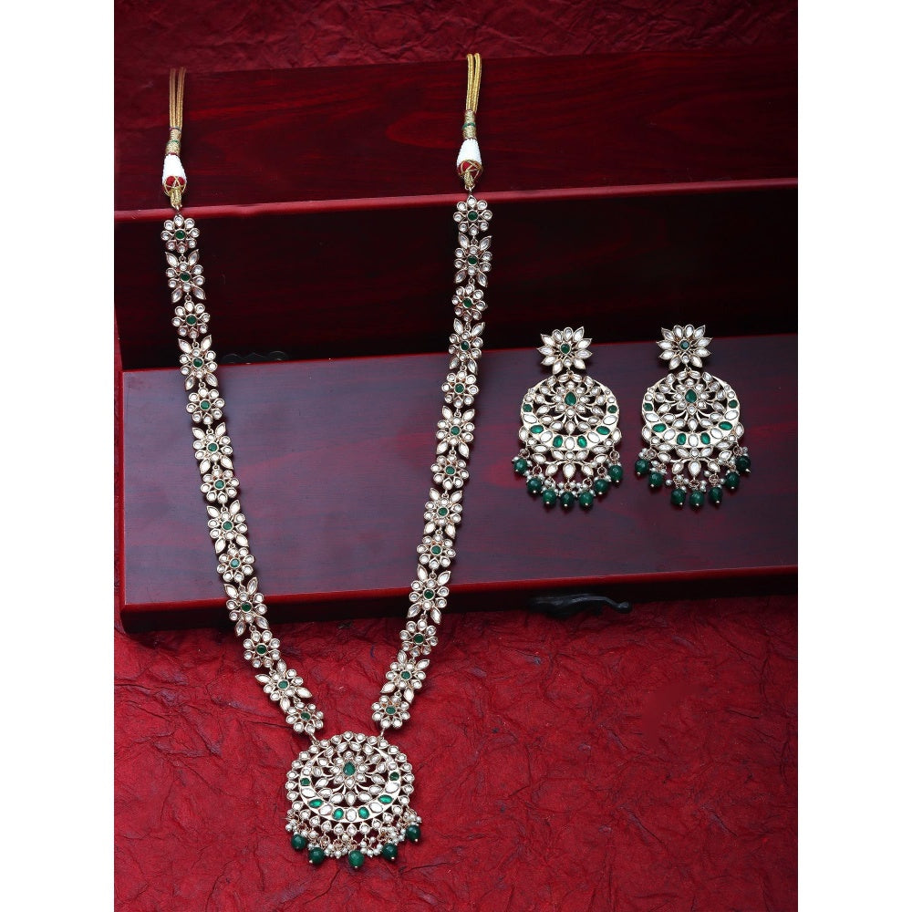 Akulya Jewels Gold Finished Kundan Polki Long Necklace with Emerald Green Stones (Set of 2)