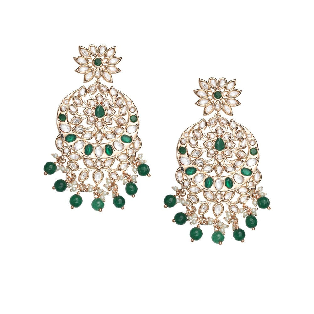 Akulya Jewels Gold Finished Kundan Polki Long Necklace with Emerald Green Stones (Set of 2)