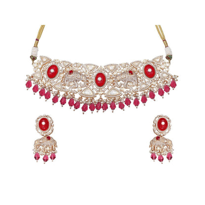 Akulya Jewels Red Kundan Polki Elephant Motif Bridal Choker (Set of 2)