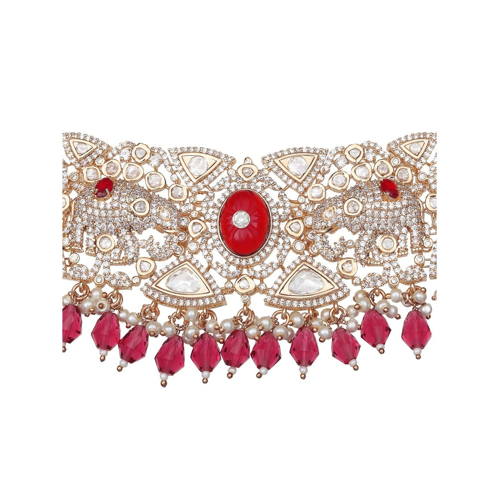 Akulya Jewels Red Kundan Polki Elephant Motif Bridal Choker (Set of 2)