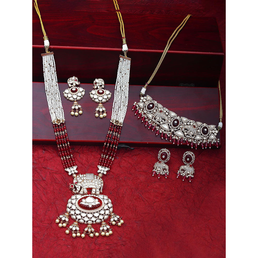 Akulya Jewels Red Kundan Polki Elephant Motif Bridal Choker and Long Necklace (Set of 4)