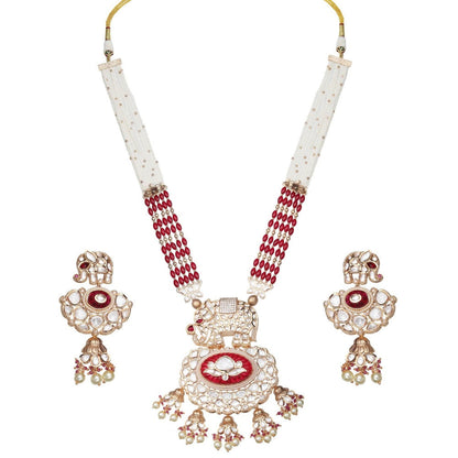 Akulya Jewels Red Kundan Polki Elephant Motif Bridal Choker and Long Necklace (Set of 4)
