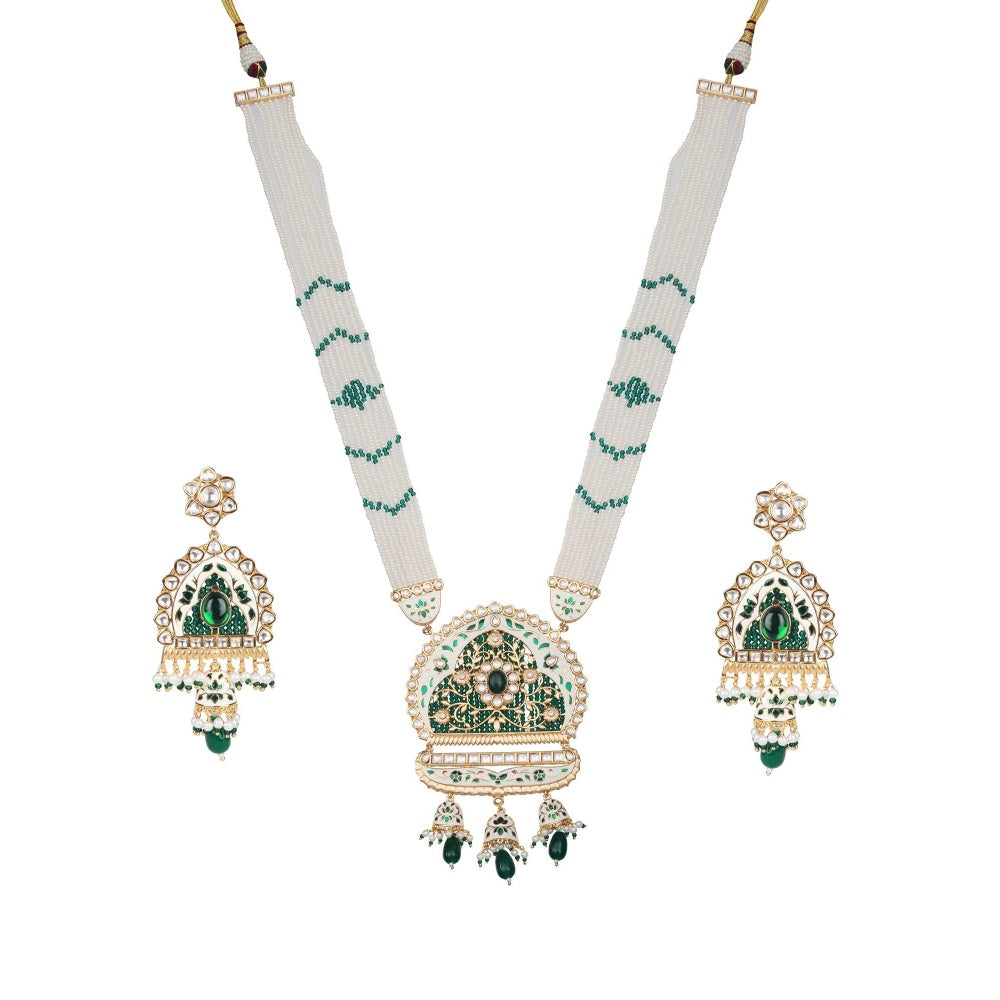 Akulya Jewels Emerald Green and White Kundan and Minakari Long Necklace (Set of 2)