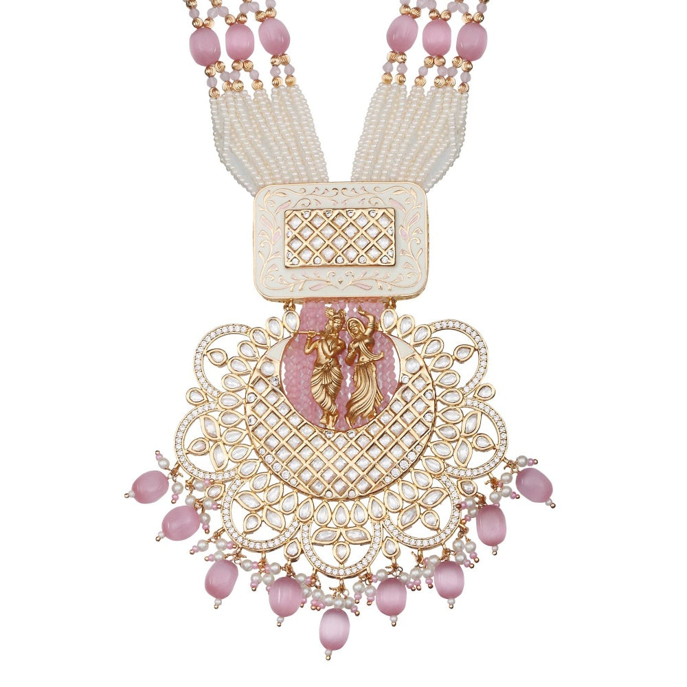 Akulya Jewels Blush Pink Kundan and Minakari Radha Krishna Long Necklace (Set of 2)