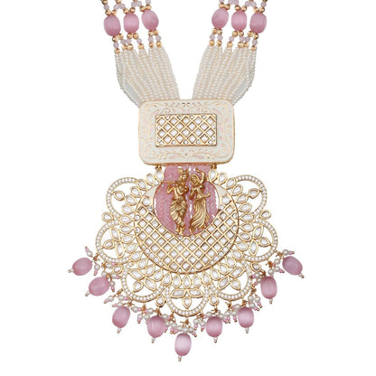 Akulya Jewels Blush Pink Kundan and Minakari Radha Krishna Long Necklace (Set of 2)
