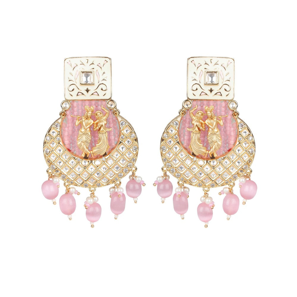 Akulya Jewels Blush Pink Kundan and Minakari Radha Krishna Long Necklace (Set of 2)