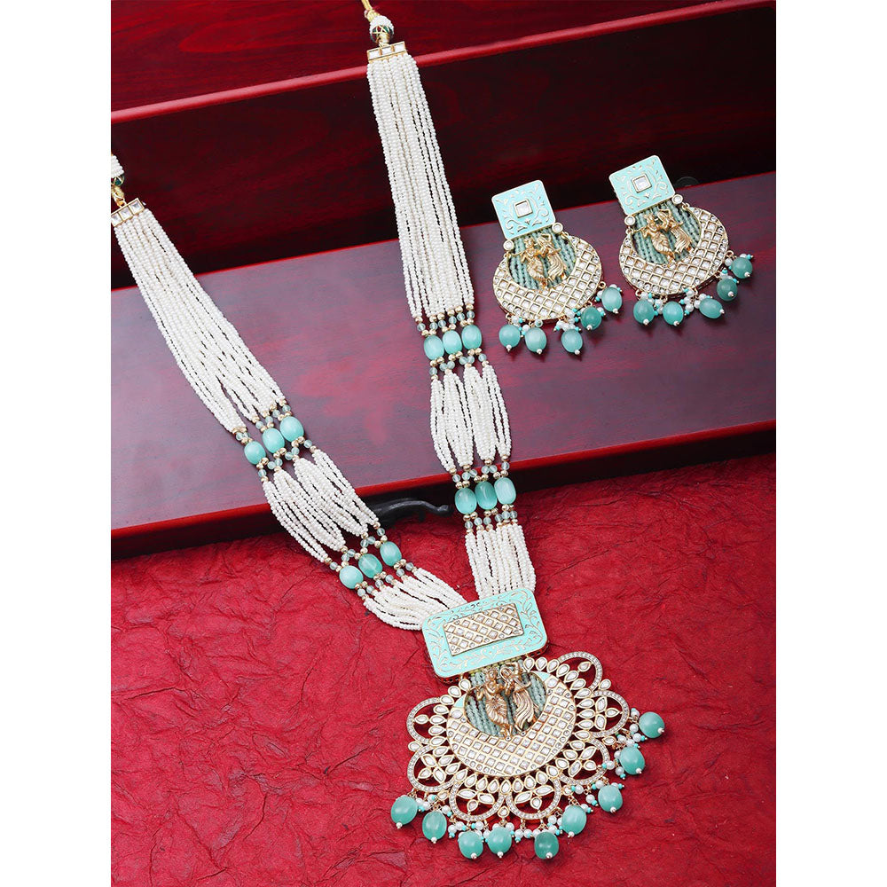 Akulya Jewels Mint Green Kundan and Minakari Radha Krishna Long Necklace (Set of 2)