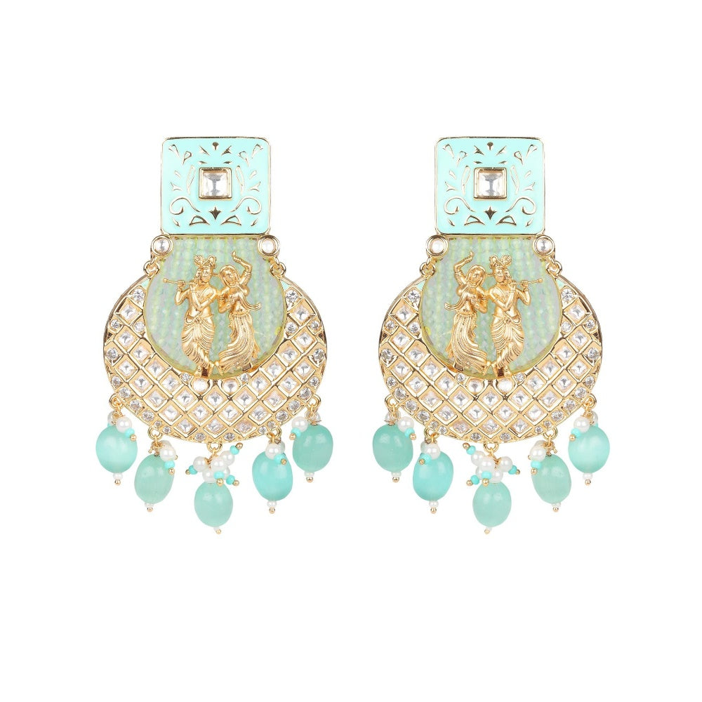 Akulya Jewels Mint Green Kundan and Minakari Radha Krishna Long Necklace (Set of 2)