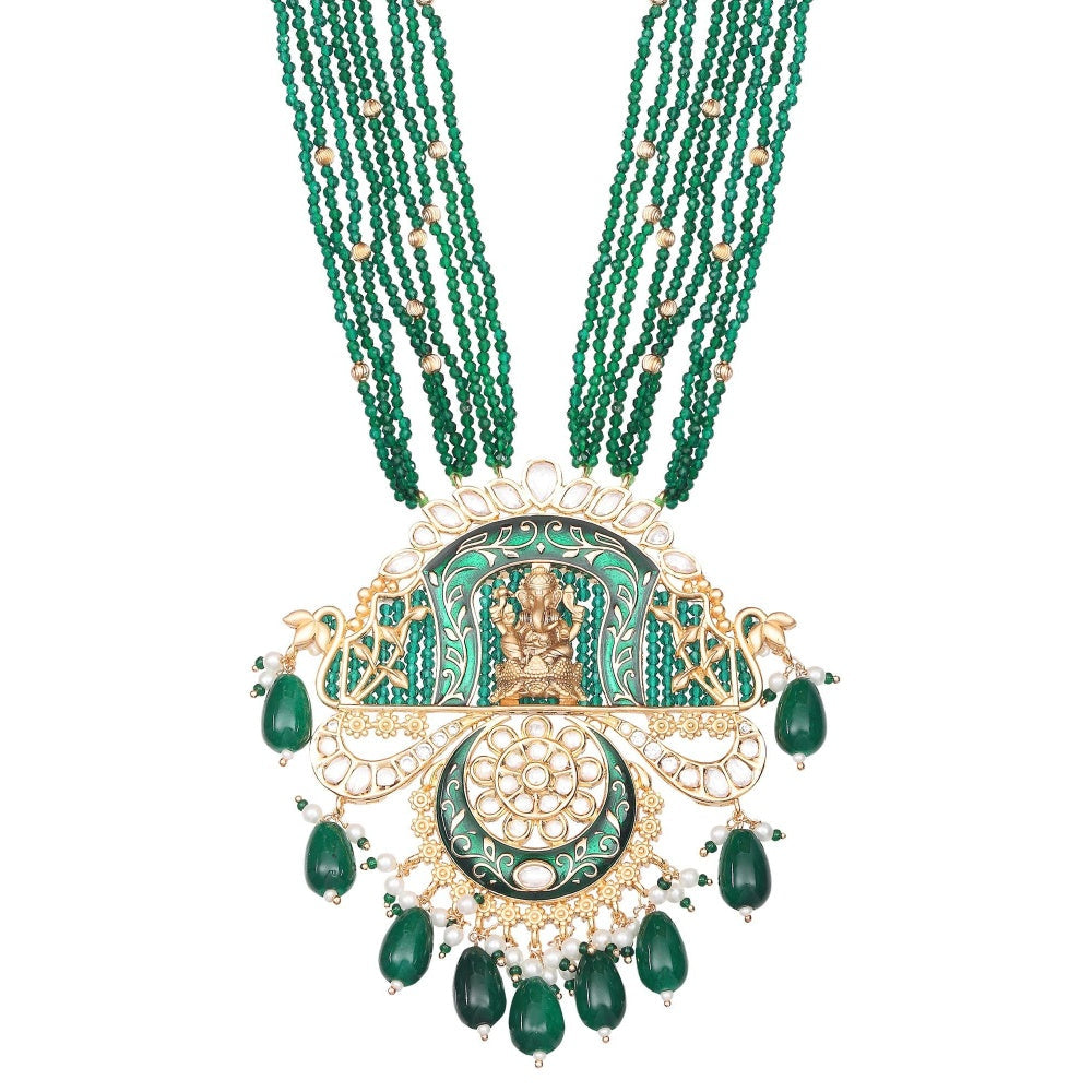 Akulya Jewels Lord Ganesha Kundan and Minakari Long Necklace with Beads (Set of 2)