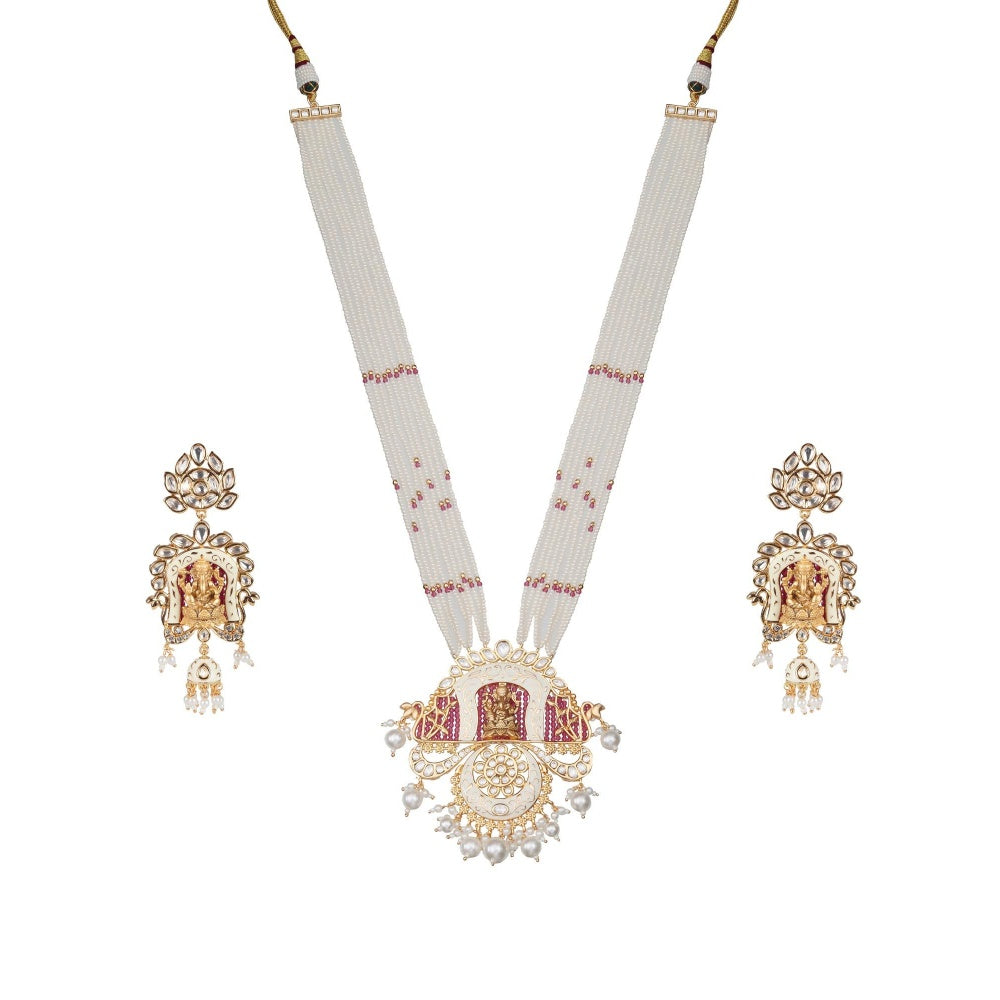 Akulya Jewels Lord Ganesha Kundan and Minakari Long Necklace with Beads (Set of 2)