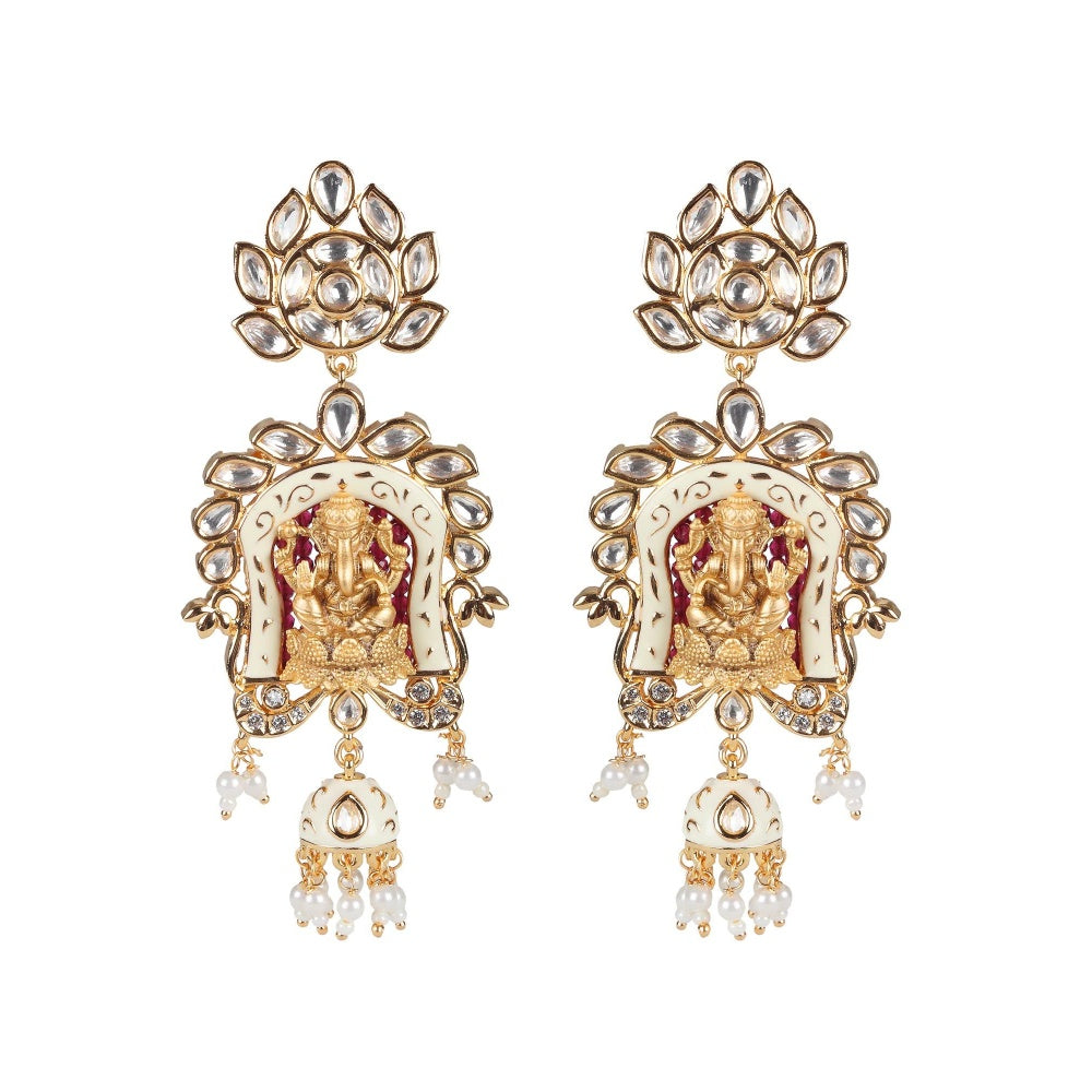 Akulya Jewels Lord Ganesha Kundan and Minakari Long Necklace with Beads (Set of 2)