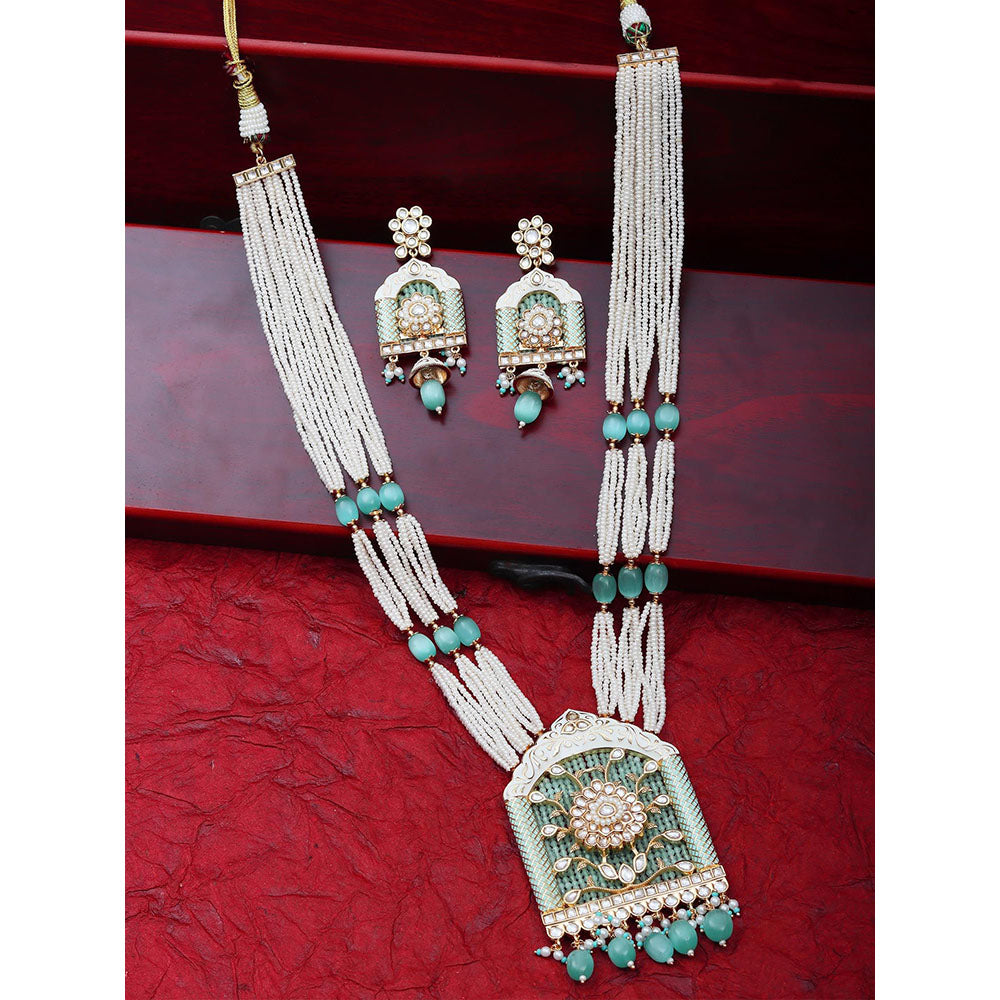Akulya Jewels Jharoka Shaped Kundan and Mint Green Minakari Long Necklace (Set of 2)