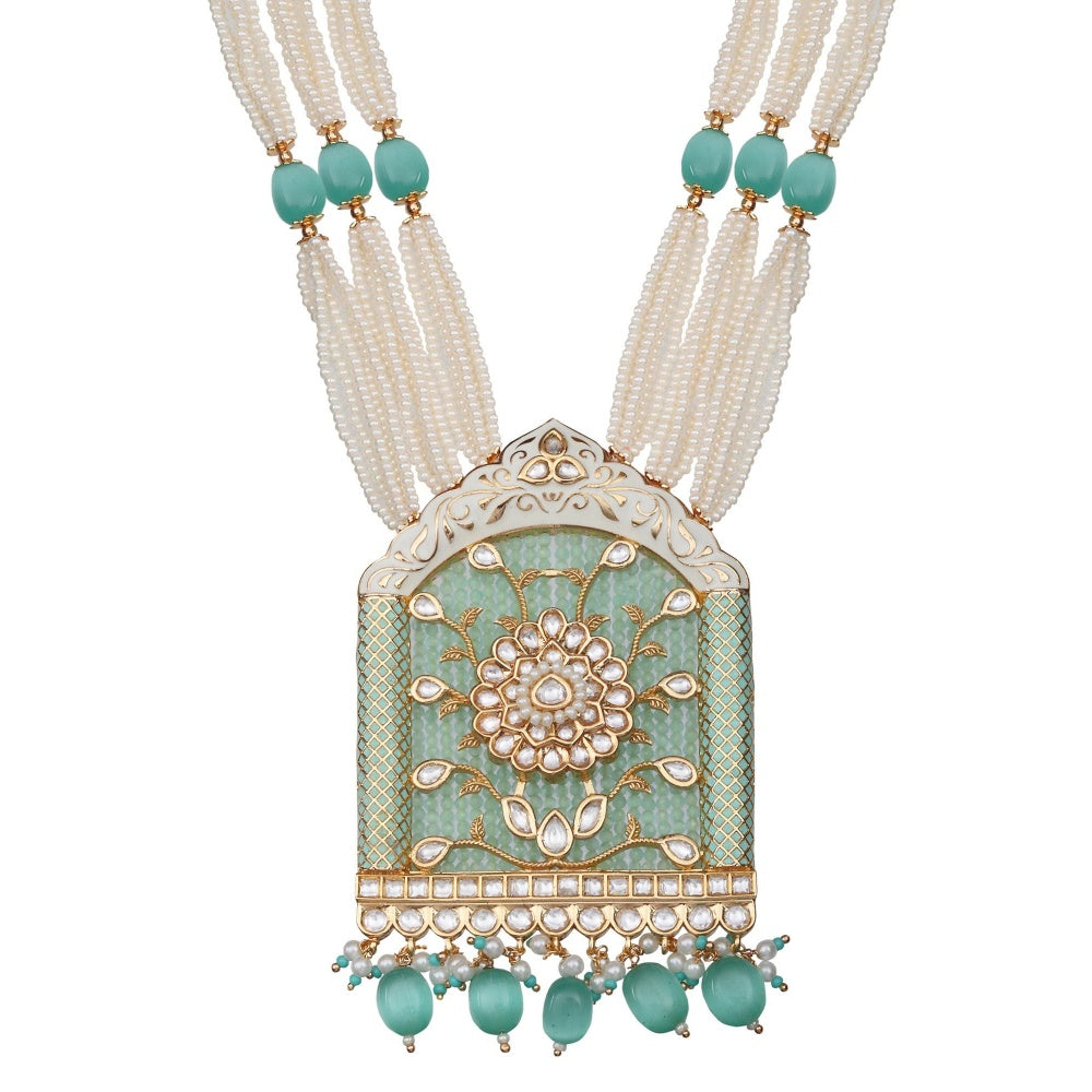 Akulya Jewels Jharoka Shaped Kundan and Mint Green Minakari Long Necklace (Set of 2)