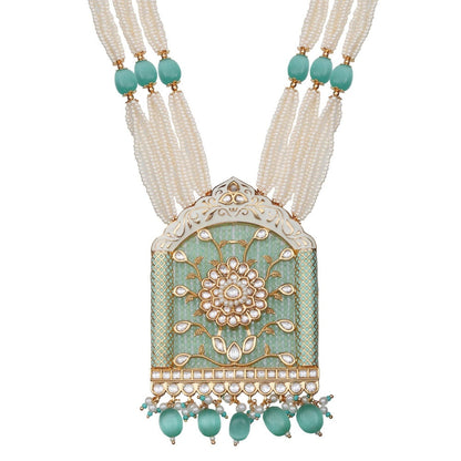 Akulya Jewels Jharoka Shaped Kundan and Mint Green Minakari Long Necklace (Set of 2)