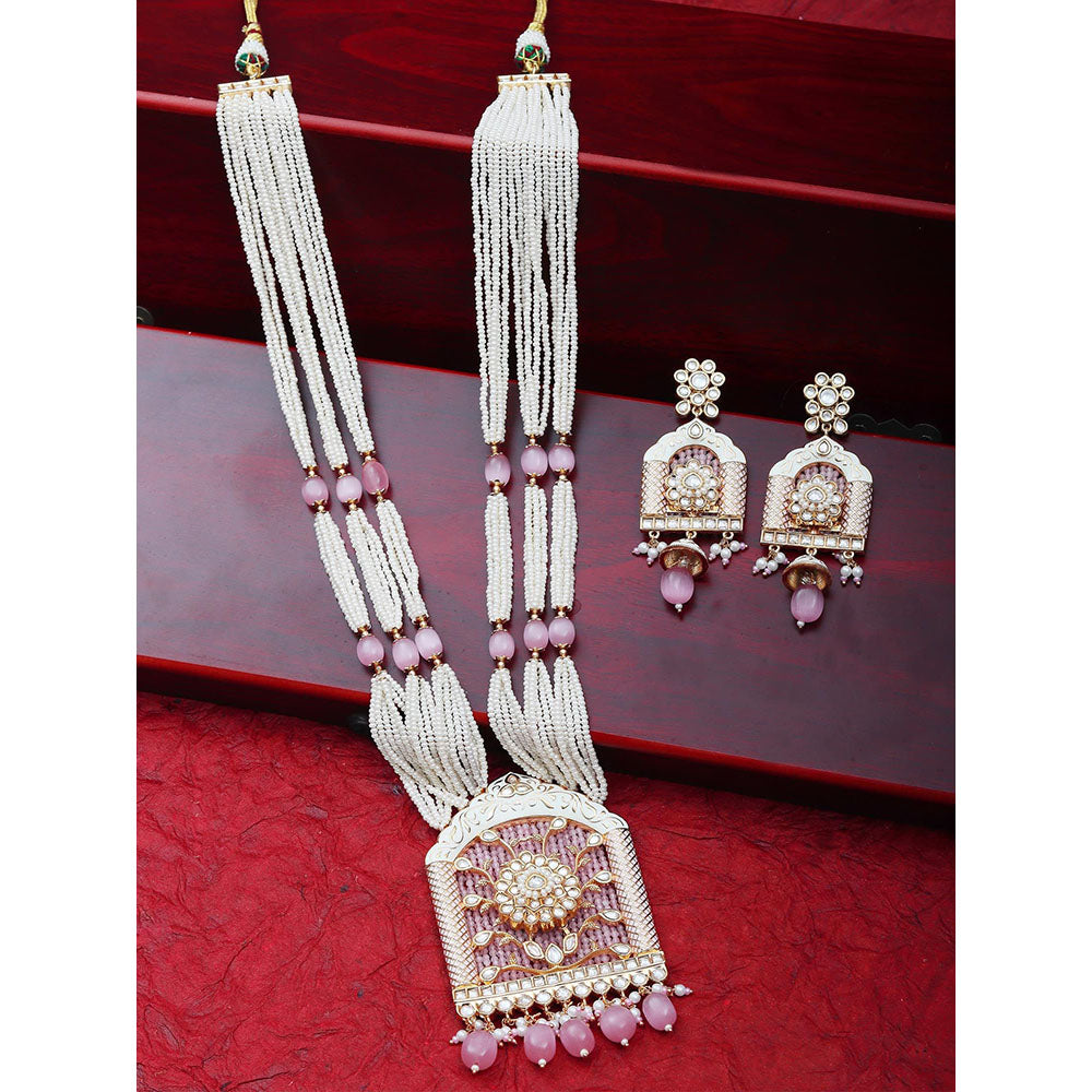 Akulya Jewels Jharoka Shaped Kundan and Pink Minakari Long Necklace (Set of 2)