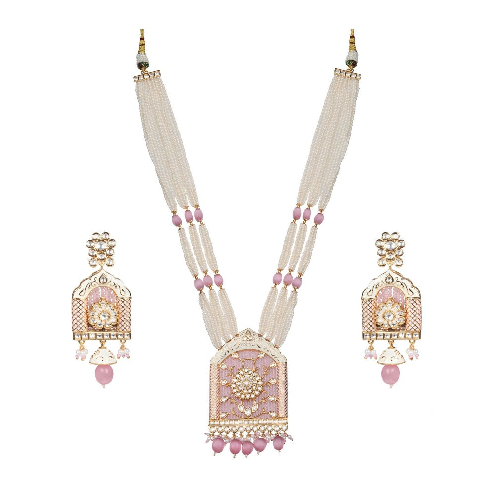 Akulya Jewels Jharoka Shaped Kundan and Pink Minakari Long Necklace (Set of 2)