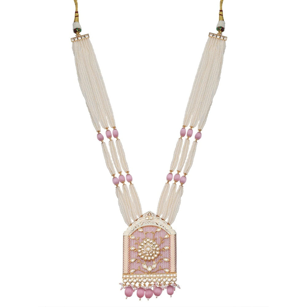 Akulya Jewels Jharoka Shaped Kundan and Pink Minakari Long Necklace (Set of 2)