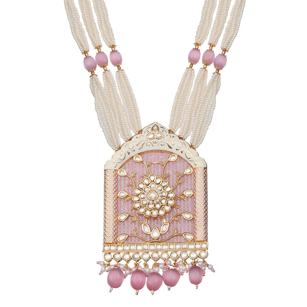 Akulya Jewels Jharoka Shaped Kundan and Pink Minakari Long Necklace (Set of 2)