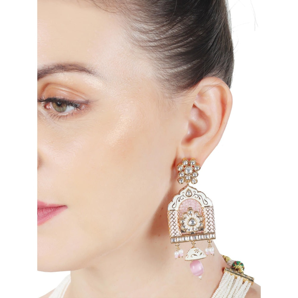 Akulya Jewels Jharoka Shaped Kundan and Pink Minakari Long Necklace (Set of 2)