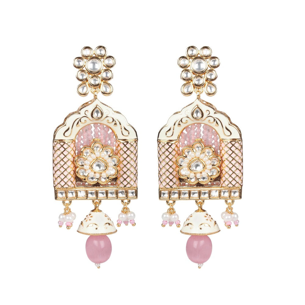 Akulya Jewels Jharoka Shaped Kundan and Pink Minakari Long Necklace (Set of 2)