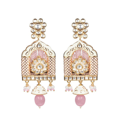 Akulya Jewels Jharoka Shaped Kundan and Pink Minakari Long Necklace (Set of 2)