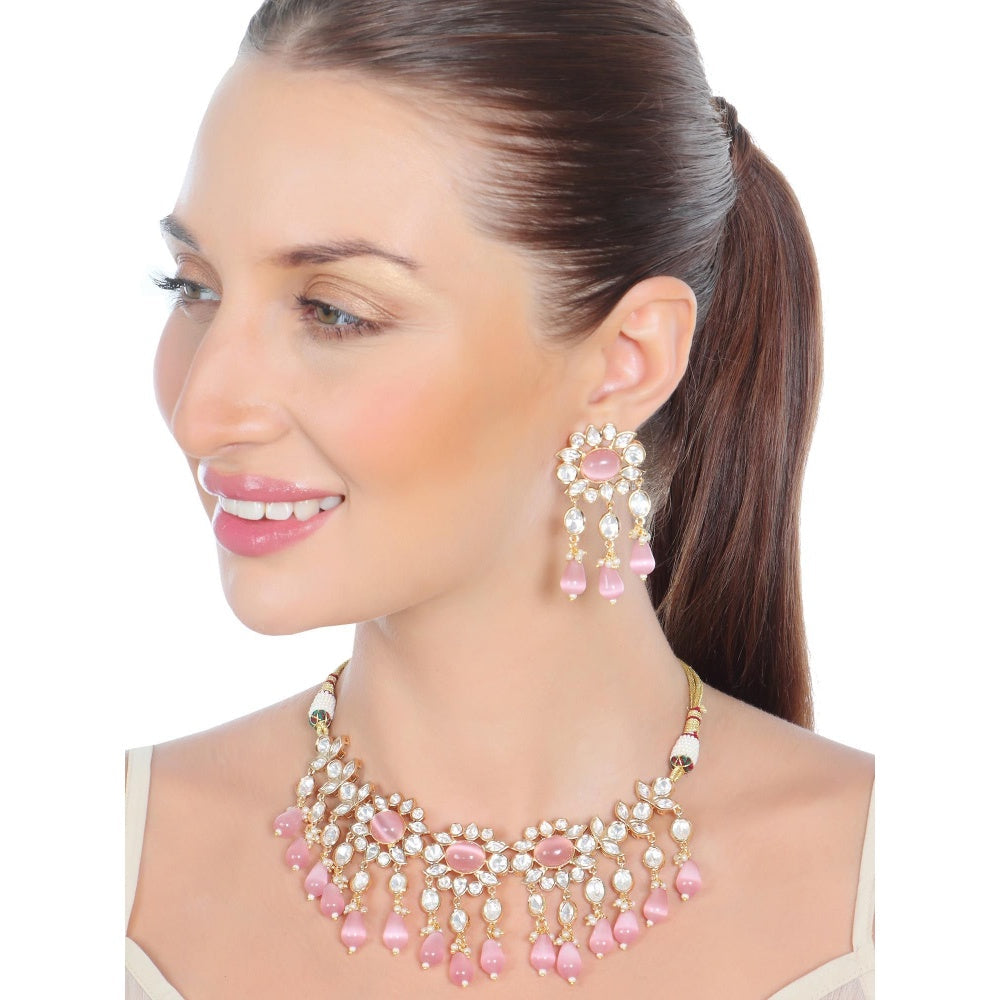 Akulya Jewels Kundan Necklace with Pink Colored Stones (Set of 2)