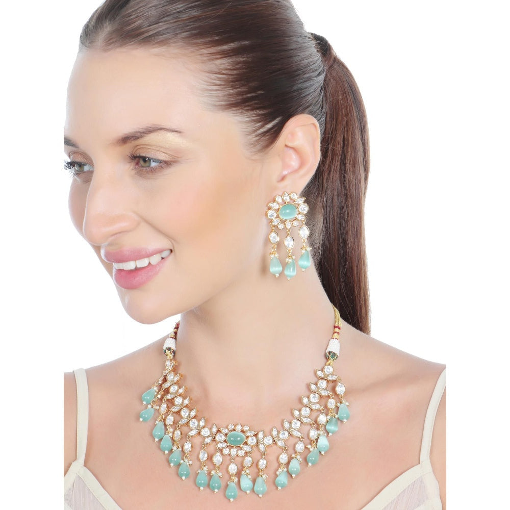 Akulya Jewels Kundan Necklace with Teal Colored Stones (Set of 2)