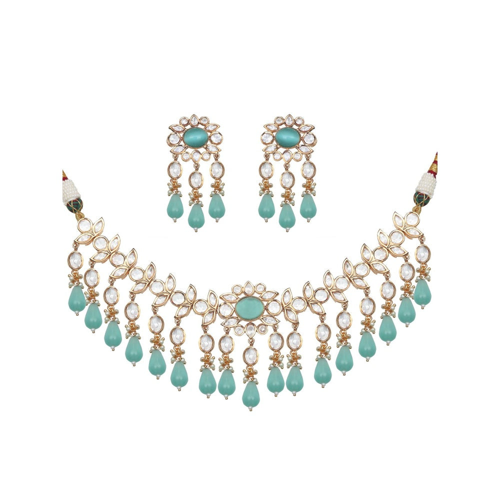 Akulya Jewels Kundan Necklace with Teal Colored Stones (Set of 2)