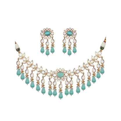 Akulya Jewels Kundan Necklace with Teal Colored Stones (Set of 2)