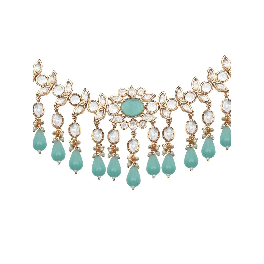 Akulya Jewels Kundan Necklace with Teal Colored Stones (Set of 2)