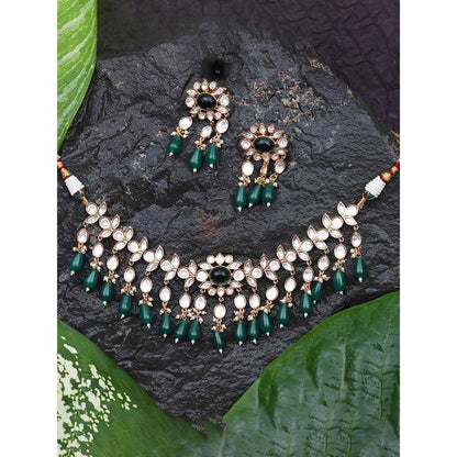 Akulya Jewels Kundan Necklace with Emerald Green Stones (Set of 2)