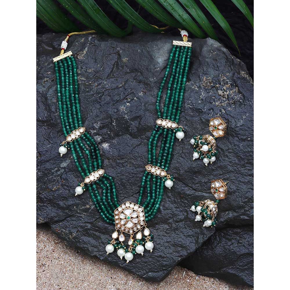 Akulya Jewels Emerald Green Polki Necklace (Set of 2)