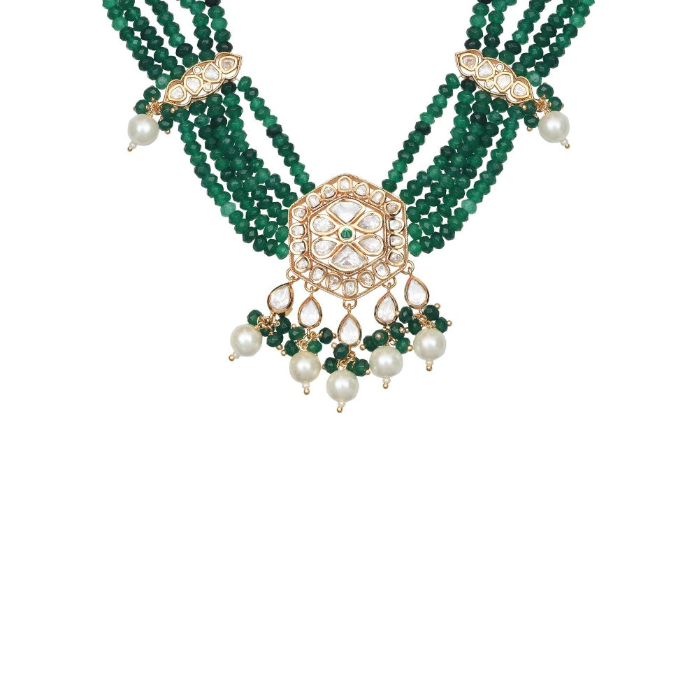Akulya Jewels Emerald Green Polki Necklace (Set of 2)