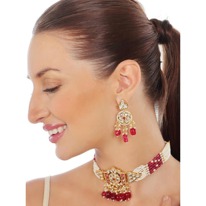 Akulya Jewels Kundan Choker with Red and White Beads (Set of 2)