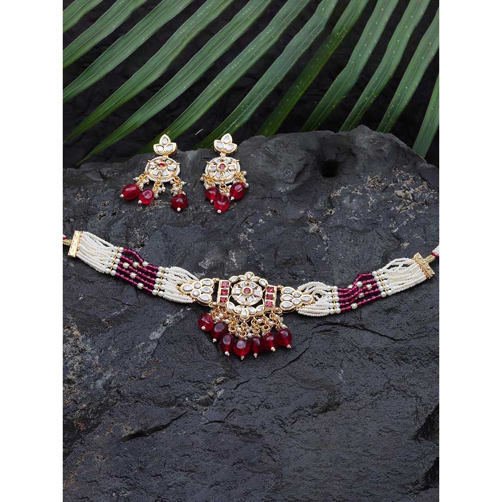 Akulya Jewels Kundan Choker with Red and White Beads (Set of 2)