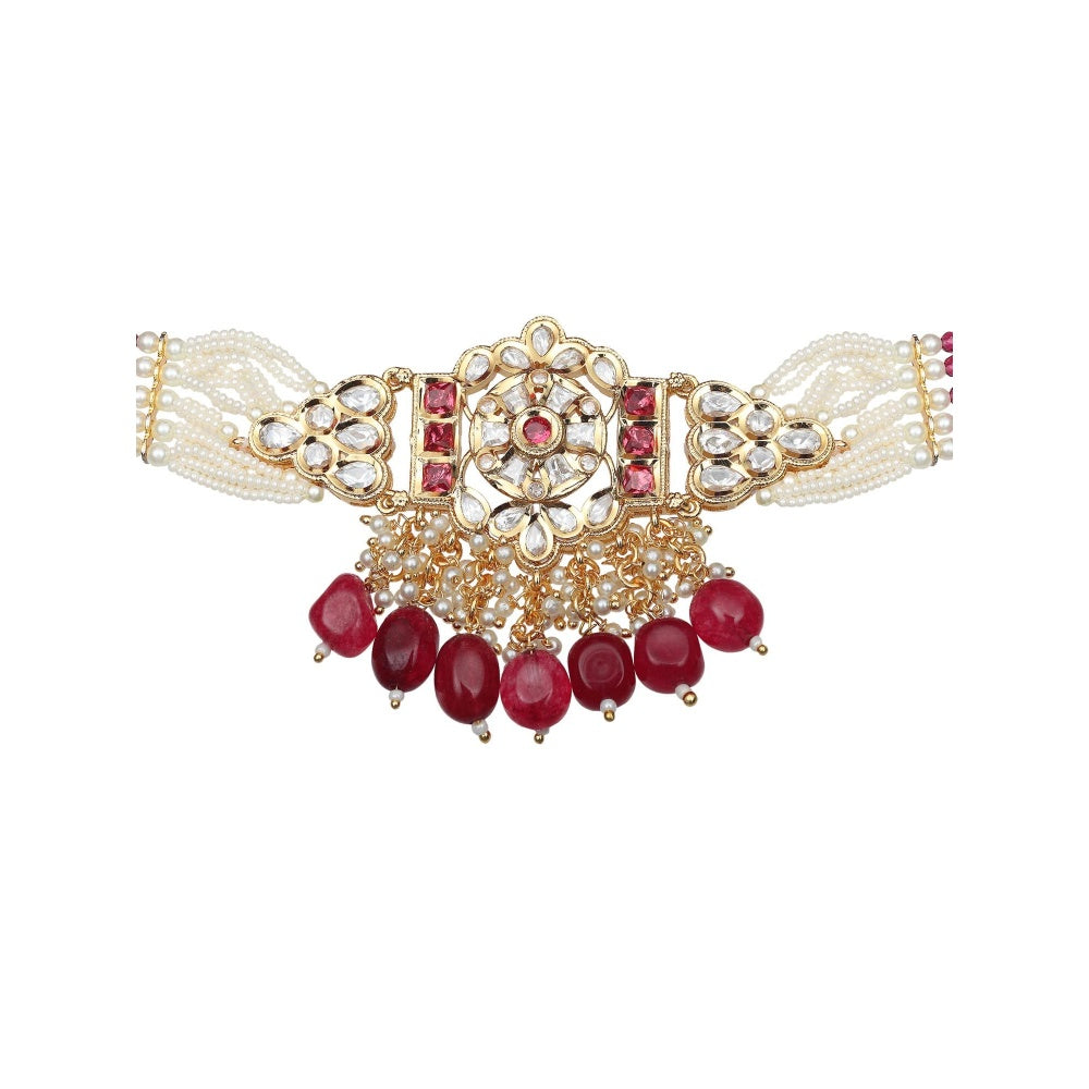 Akulya Jewels Kundan Choker with Red and White Beads (Set of 2)