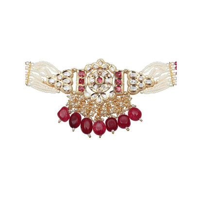 Akulya Jewels Kundan Choker with Red and White Beads (Set of 2)