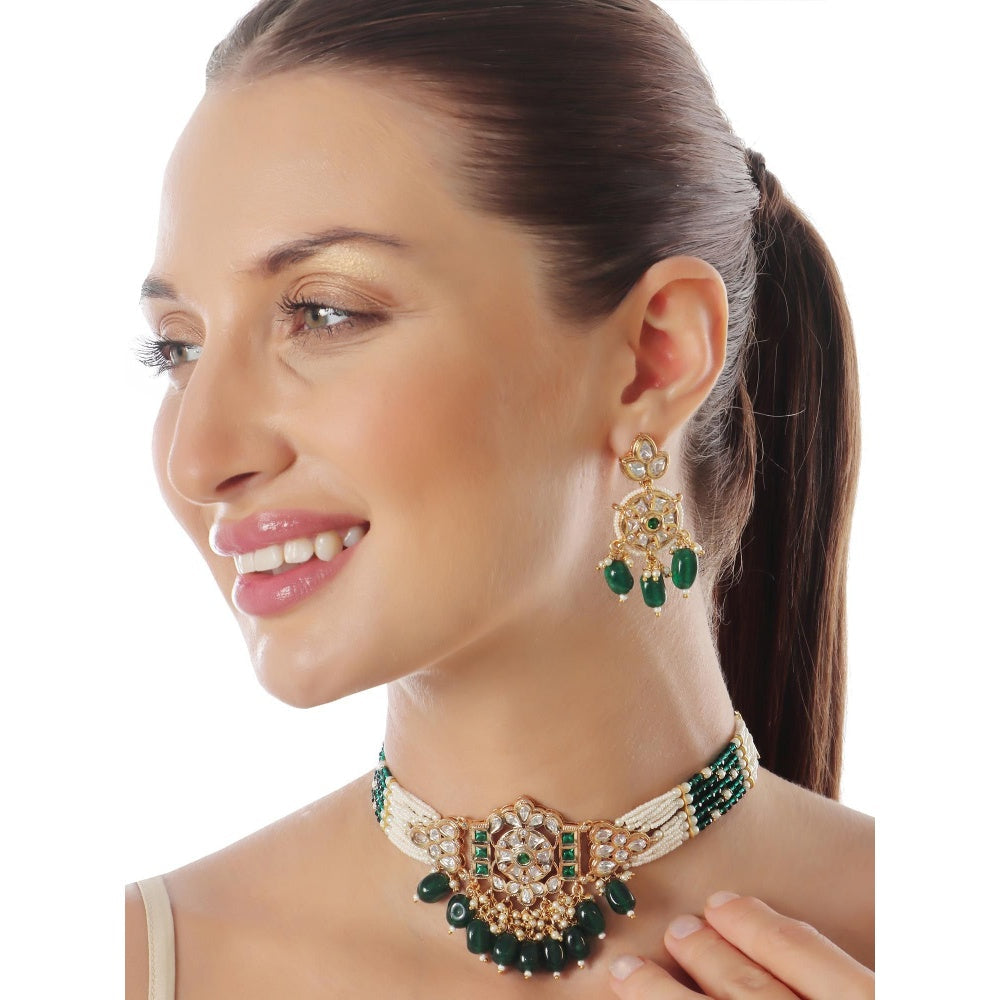 Akulya Jewels Kundan Choker with Green and White Beads (Set of 2)