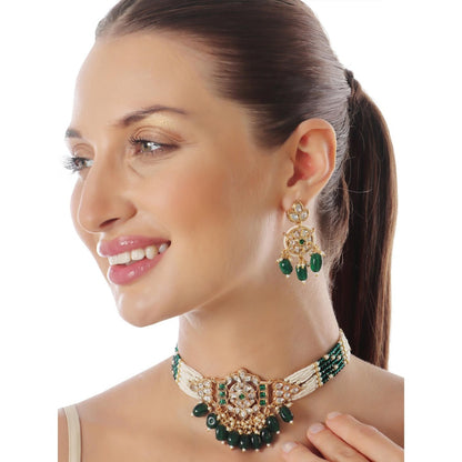 Akulya Jewels Kundan Choker with Green and White Beads (Set of 2)