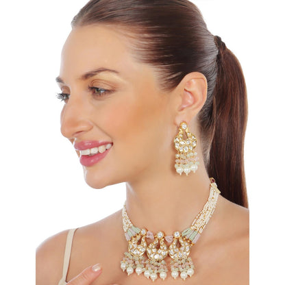 Akulya Jewels Kundan Chokar with Delicate White- Mint and Blush Pink Beads (Set of 2)