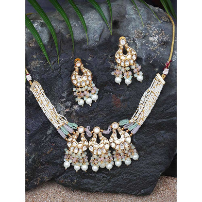 Akulya Jewels Kundan Chokar with Delicate White- Mint and Blush Pink Beads (Set of 2)