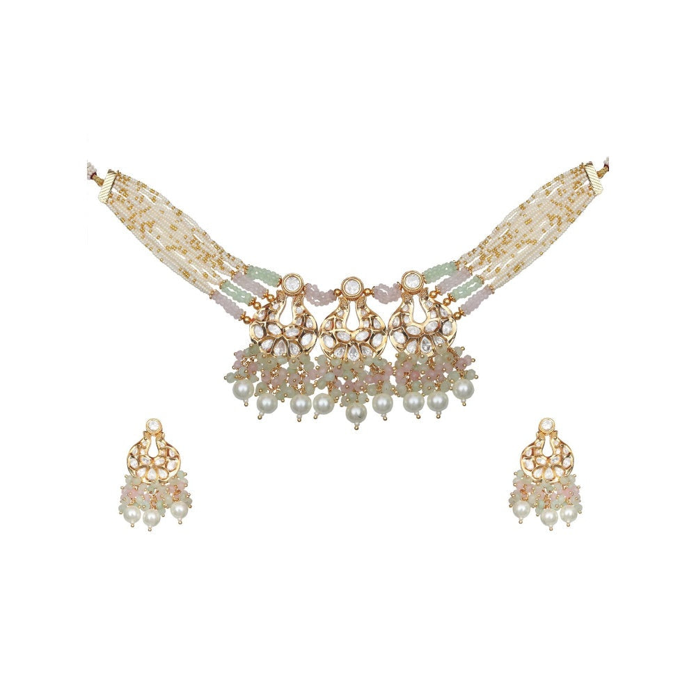 Akulya Jewels Kundan Chokar with Delicate White- Mint and Blush Pink Beads (Set of 2)