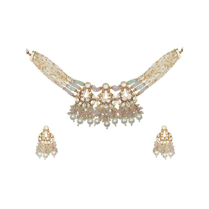 Akulya Jewels Kundan Chokar with Delicate White- Mint and Blush Pink Beads (Set of 2)